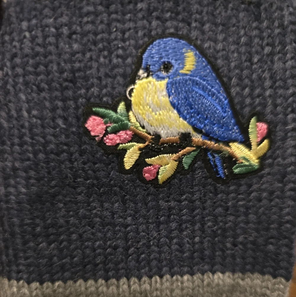 Boho Blue and Gray Striped Embroidered Bird Fingerless Gloves NWOT